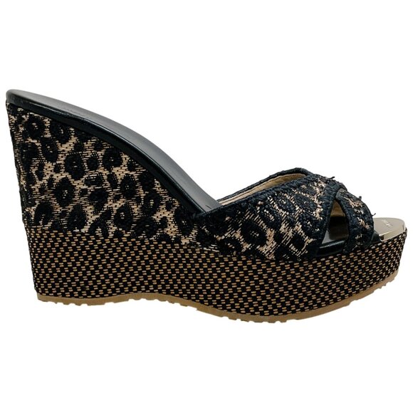 Jimmy Choo Black / Tan Leopard Print Raffia Wedge Sandals - Picture 2 of 6
